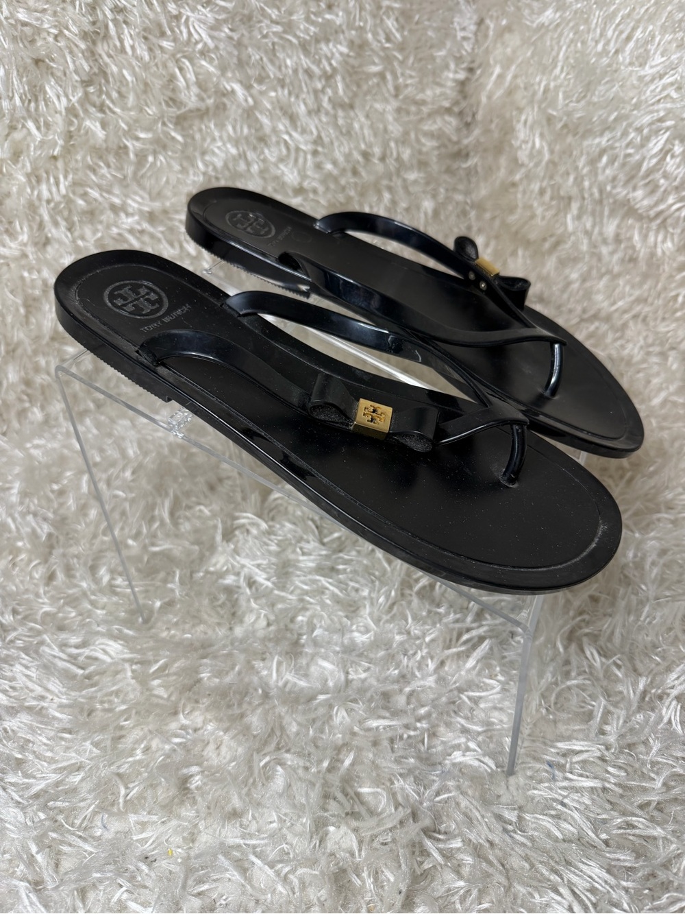 Tory Burch Black Jelly Bow Thong Sandals with Gold Logo Accent